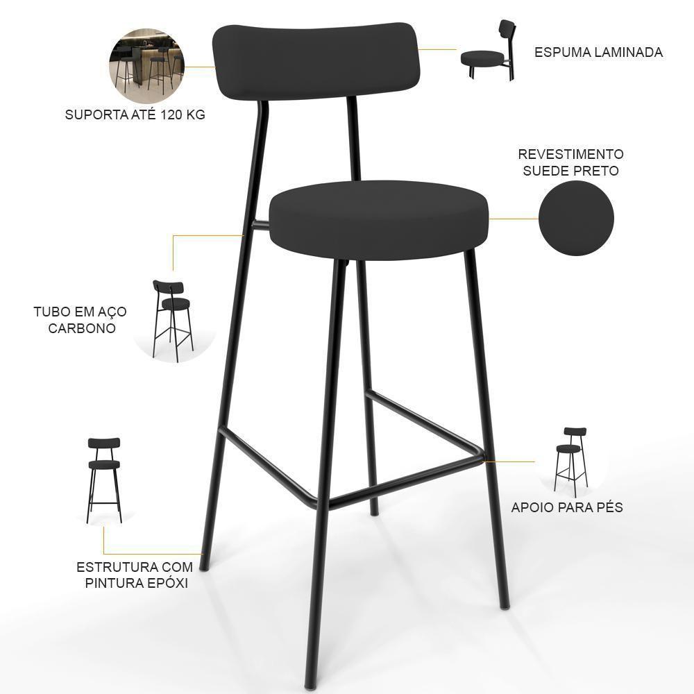 Kit 04 Banquetas Altas Bar Cozinha Sala De Jantar Em Aço Milão L02 Suede Preto - 4