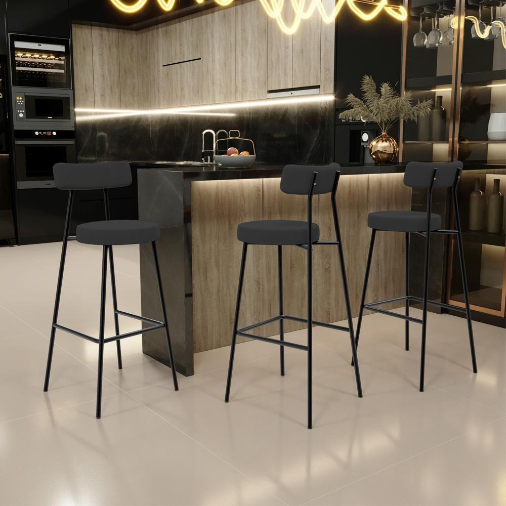 Kit 04 Banquetas Altas Bar Cozinha Sala De Jantar Em Aço Milão L02 Suede Preto - 5