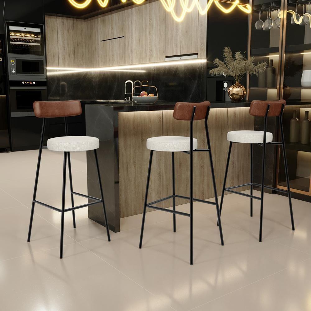 Kit 04 Banquetas Alta Cozinha Sala Jantar Milão L02 Couríssimo Marrom Linho Champagne - 4