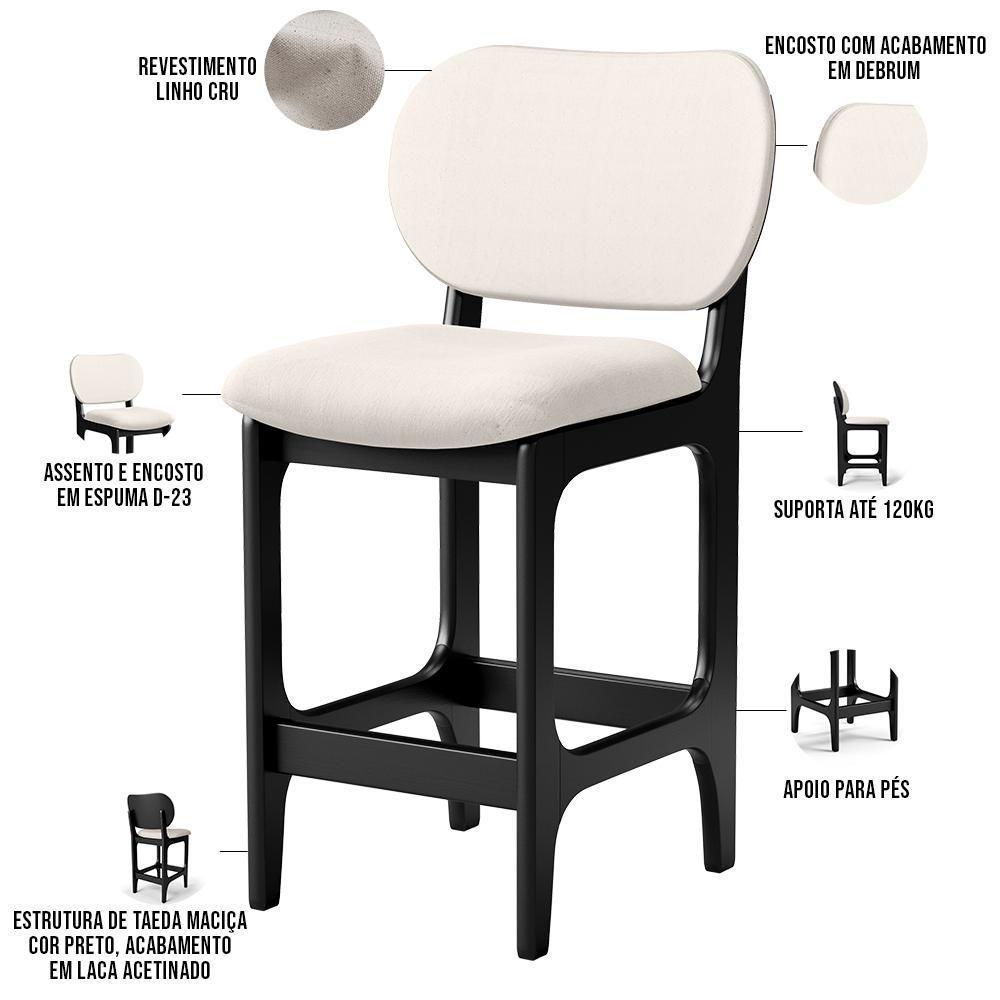Kit 04 Banquetas Baixa Bar Cozinha E Sala De Jantar Fixa Betta L02 Preto Linho Cru - 7