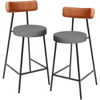 Kit 02 Banquetas Baixa Cozinha Jantar Milão L02 Couríssimo Camel Linho Cinza Escuro - 1