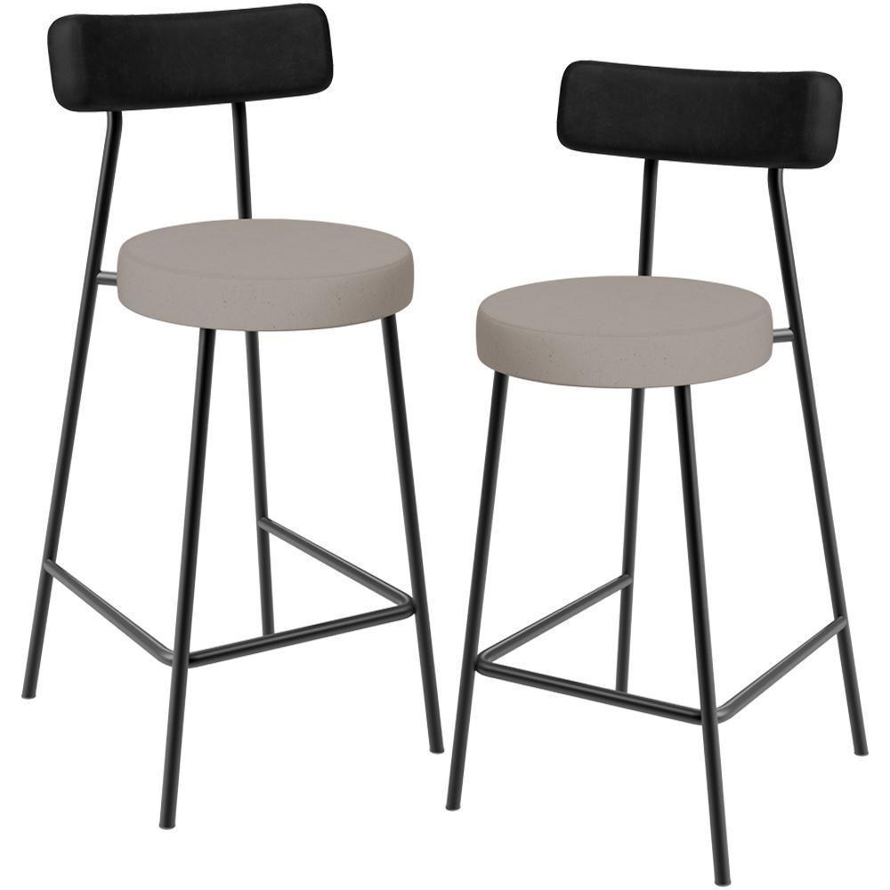 Kit 02 Banquetas Baixa Bar Cozinha Sala Jantar Milão L02 Couríssimo Preto Linho Bege - 1