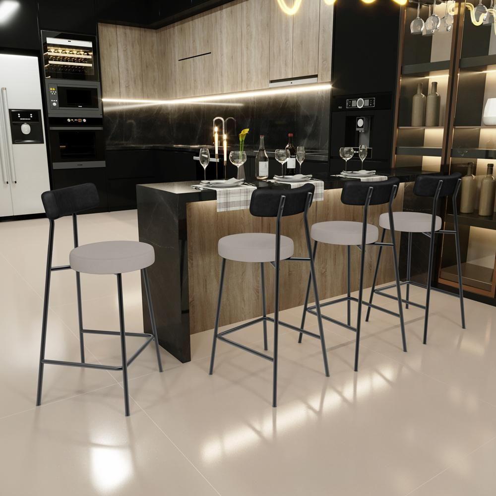 Kit 02 Banquetas Baixa Bar Cozinha Sala Jantar Milão L02 Couríssimo Preto Linho Bege - 8