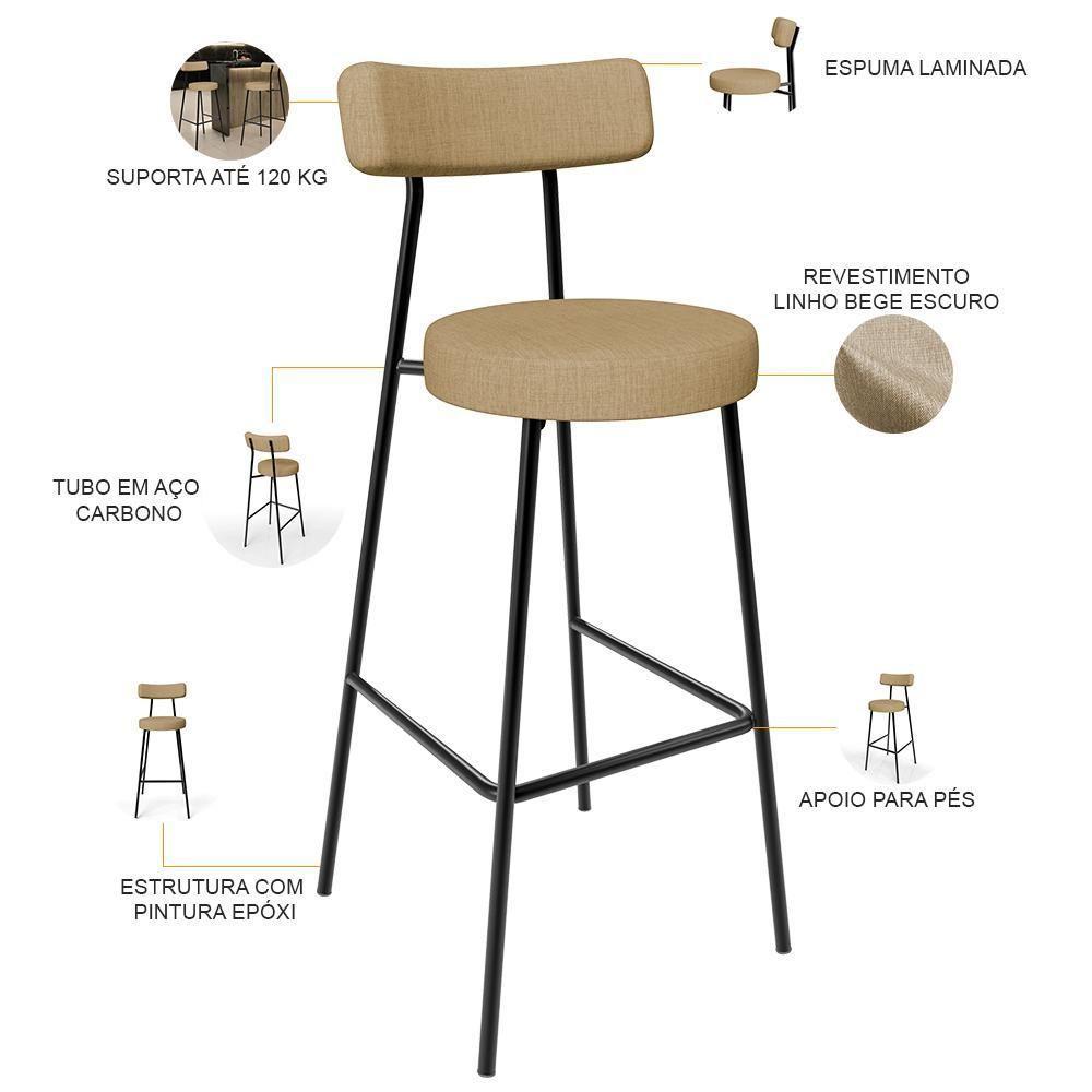 Kit 02 Banquetas Alta Bar Cozinha Sala De Jantar Em Aço Milão L02 Linho Bege Escuro - 7