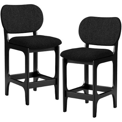 Kit 02 Banquetas Baixa Betta L02 Assento em Linho Base Fixa com Encosto Preto para Cozinha
