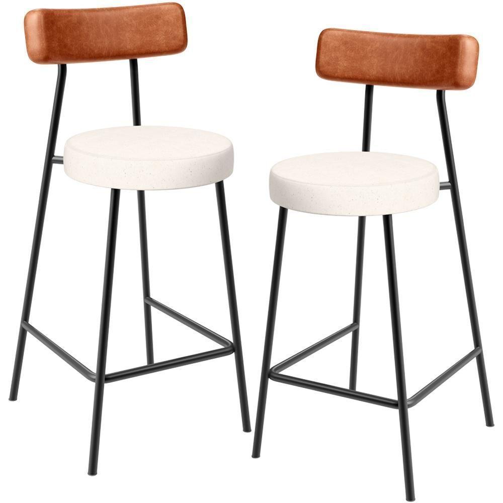 Kit 02 Banquetas Baixa Cozinha Sala Jantar Milão L02 Couríssimo Camel Linho Cru Decor - 1