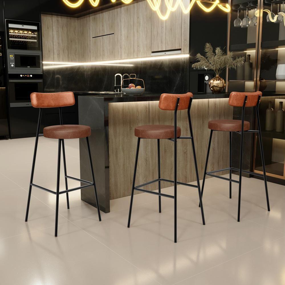 Banqueta Alta Bar Cozinha Sala De Jantar Milão L02 Couríssimo Camel Marrom - 2