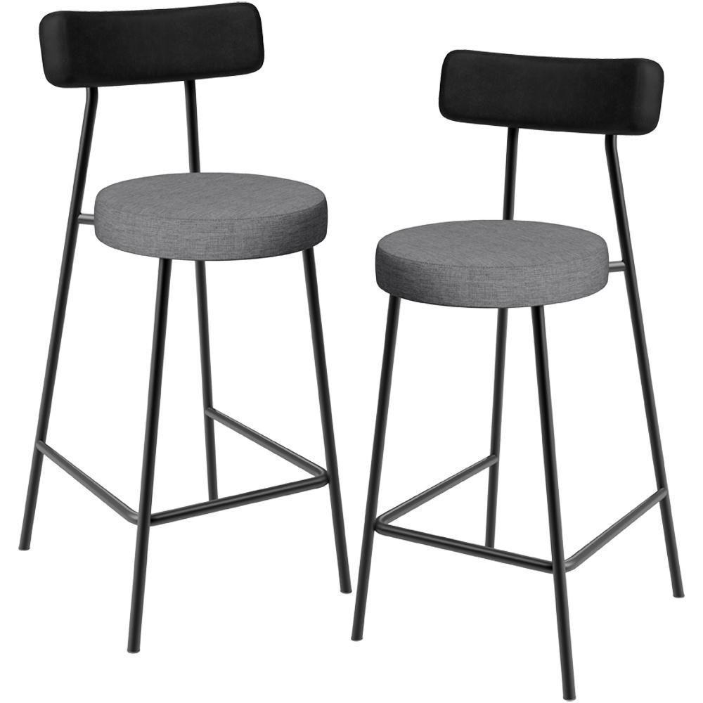 Kit 02 Banquetas Baixa Cozinha Jantar Milão L02 Couríssimo Preto Linho Cinza Escuro - 1