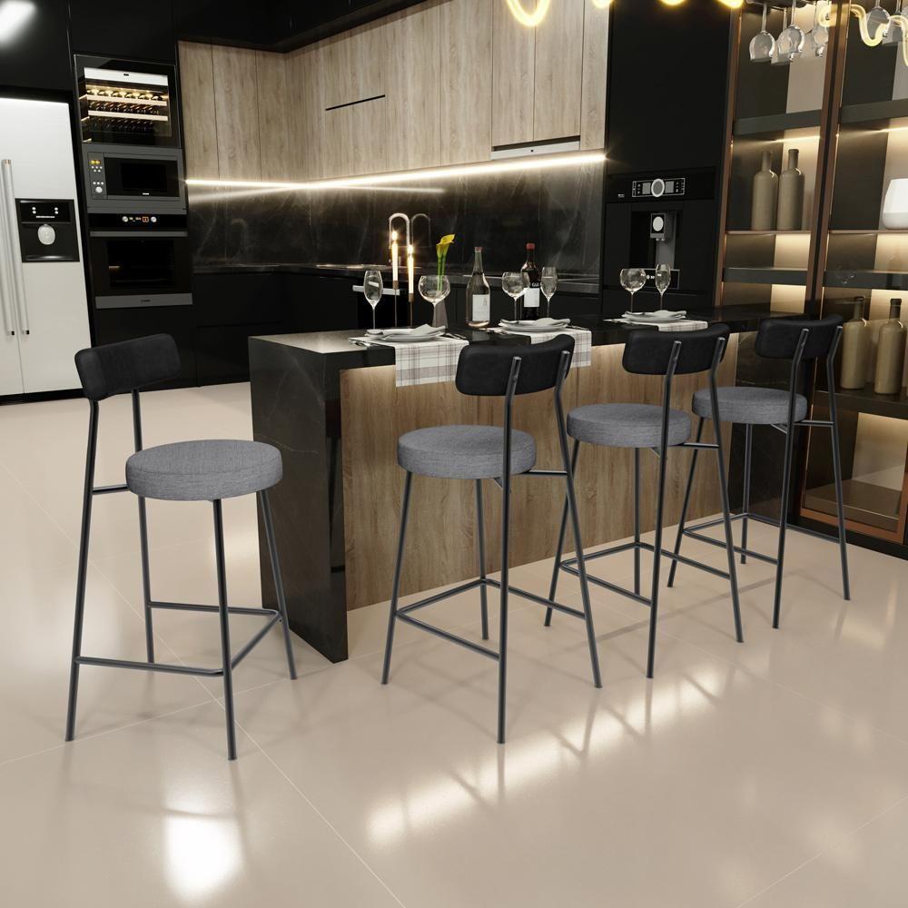 Kit 02 Banquetas Baixa Cozinha Jantar Milão L02 Couríssimo Preto Linho Cinza Escuro - 7