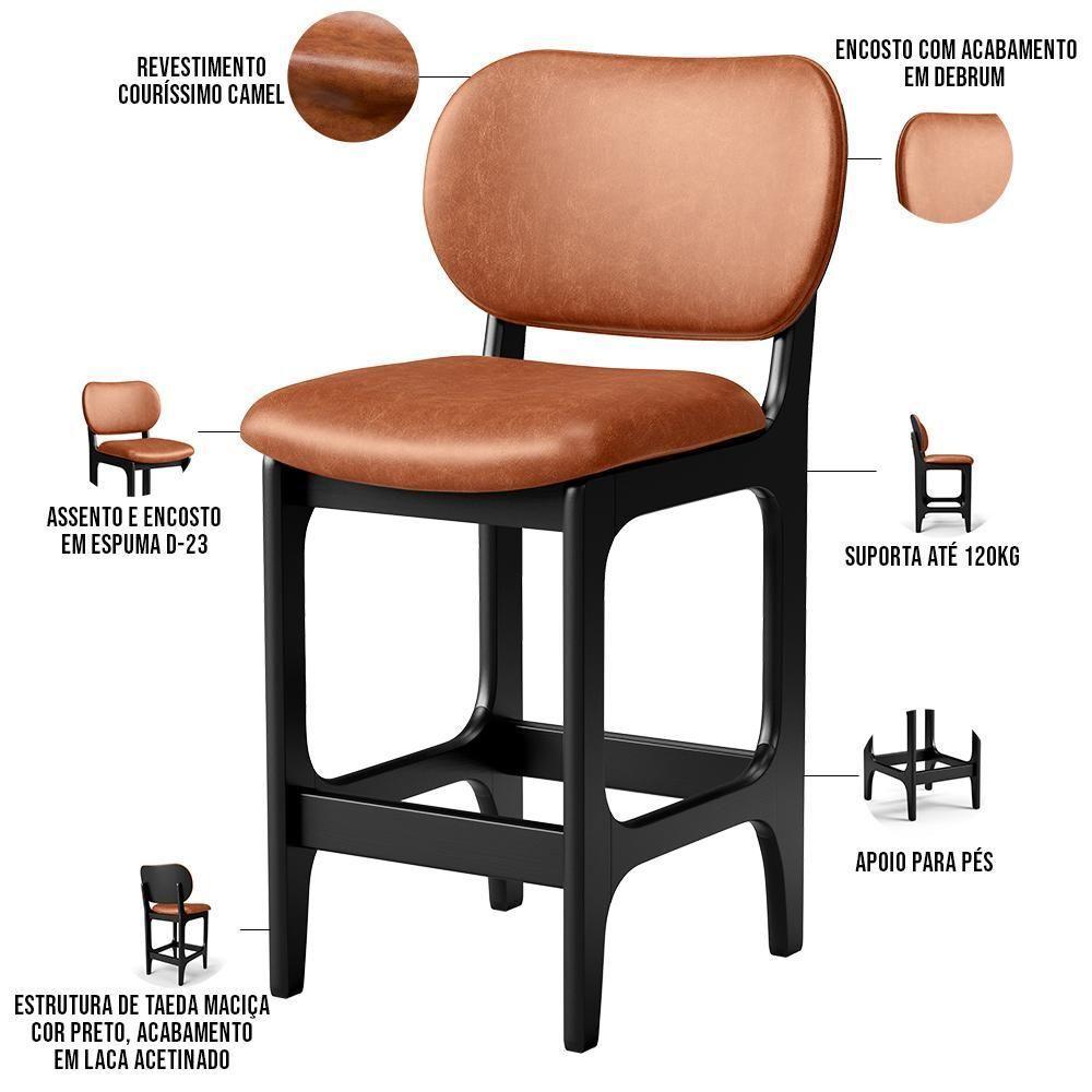 Kit 02 Banquetas Baixa Bar Cozinha E Sala De Jantar Fixa Betta Preto Couríssimo Camel - 4