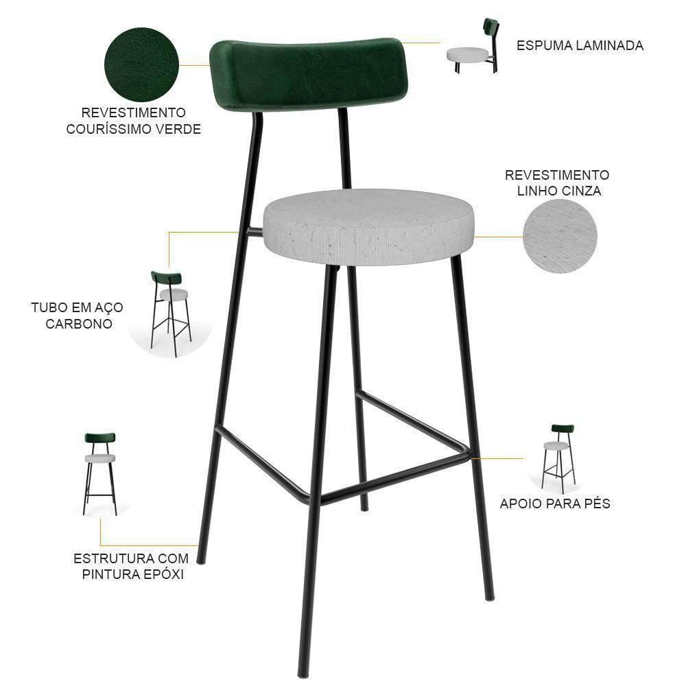 Banqueta Alta Bar Cozinha Sala De Jantar Em Aço Milão L02 Facto Verde Musgo Linho Cinza - 5