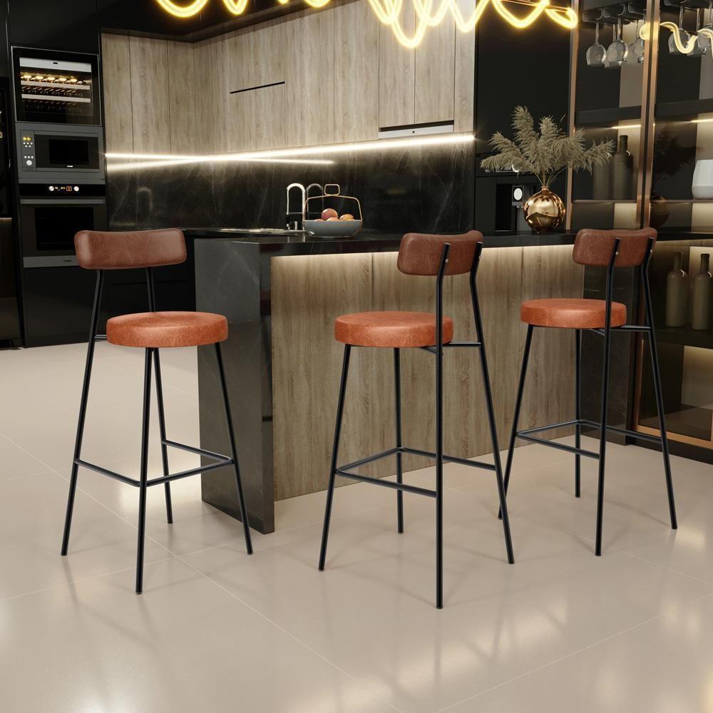 Banqueta Alta Bar Cozinha Sala De Jantar Milão L02 Couríssimo Marrom Camel - 7