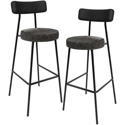 Kit 02 Banquetas Alta Bar Milão L02 Assento Linho Base em Aço com Encosto Preto Moderno