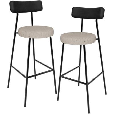 Kit 02 Banquetas Alta Bar Milão L02 Assento em Linho Base em Aço com Encosto Preto e Bege
