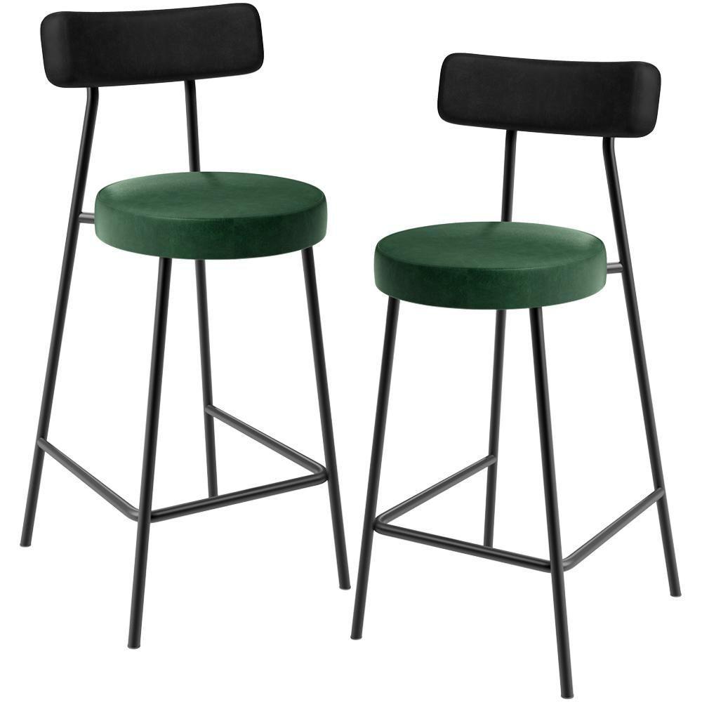 Kit 02 Banquetas Baixa Cozinha Sala Jantar Bancada Milão L02 Couríssimo Preto Verde - 1