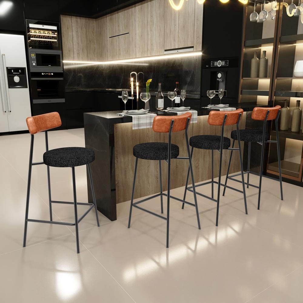 Kit 04 Banquetas Baixa Cozinha Sala Jantar Bancada Milão L02 Couríssimo Camel Linho Chumbo - 6