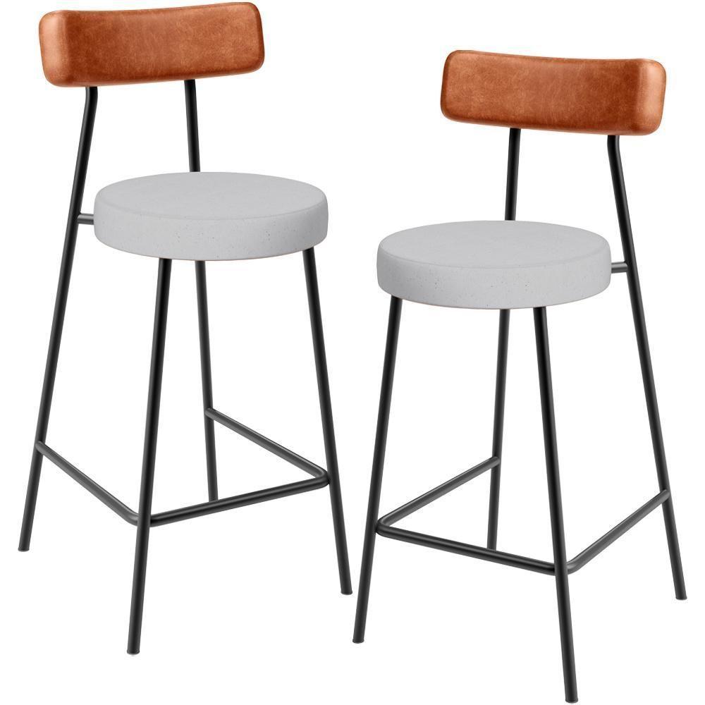 Kit 02 Banquetas Bar Baixa Cozinha Sala Jantar Milão L02 Couríssimo Camel Linho Cinza - 1