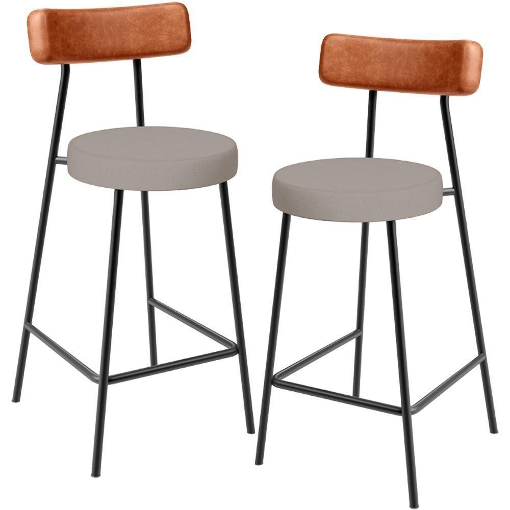 Kit 02 Banquetas Baixa Bar Cozinha Sala Jantar Milão L02 Couríssimo Camel Linho Bege - 1