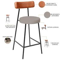 Kit 02 Banquetas Baixa Bar Cozinha Sala Jantar Milão L02 Couríssimo Camel Linho Bege