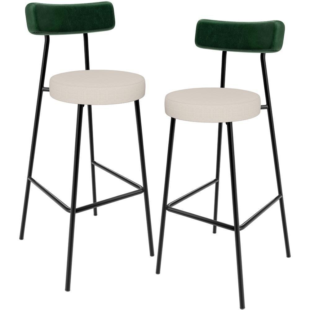 Kit 02 Banquetas Alta Bar Cozinha Sala De Jantar Milão L02 Facto Verde Musgo Linho Cru - 1