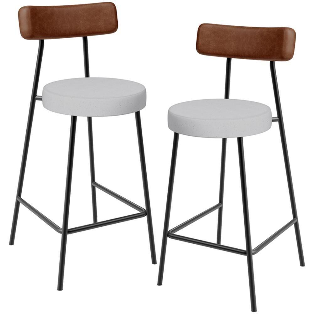 Kit 02 Banquetas Baixa Cozinha Sala De Jantar Milão L02 Couríssimo Marrom Linho Cinza - 1