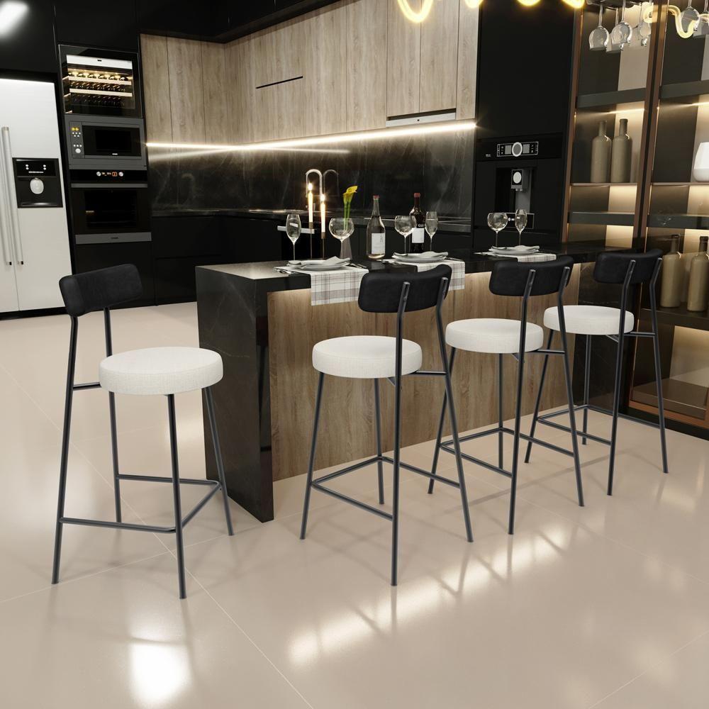 Kit 04 Banquetas Baixa Cozinha Sala Jantar Milão L02 Couríssimo Preto Linho Champagne - 5