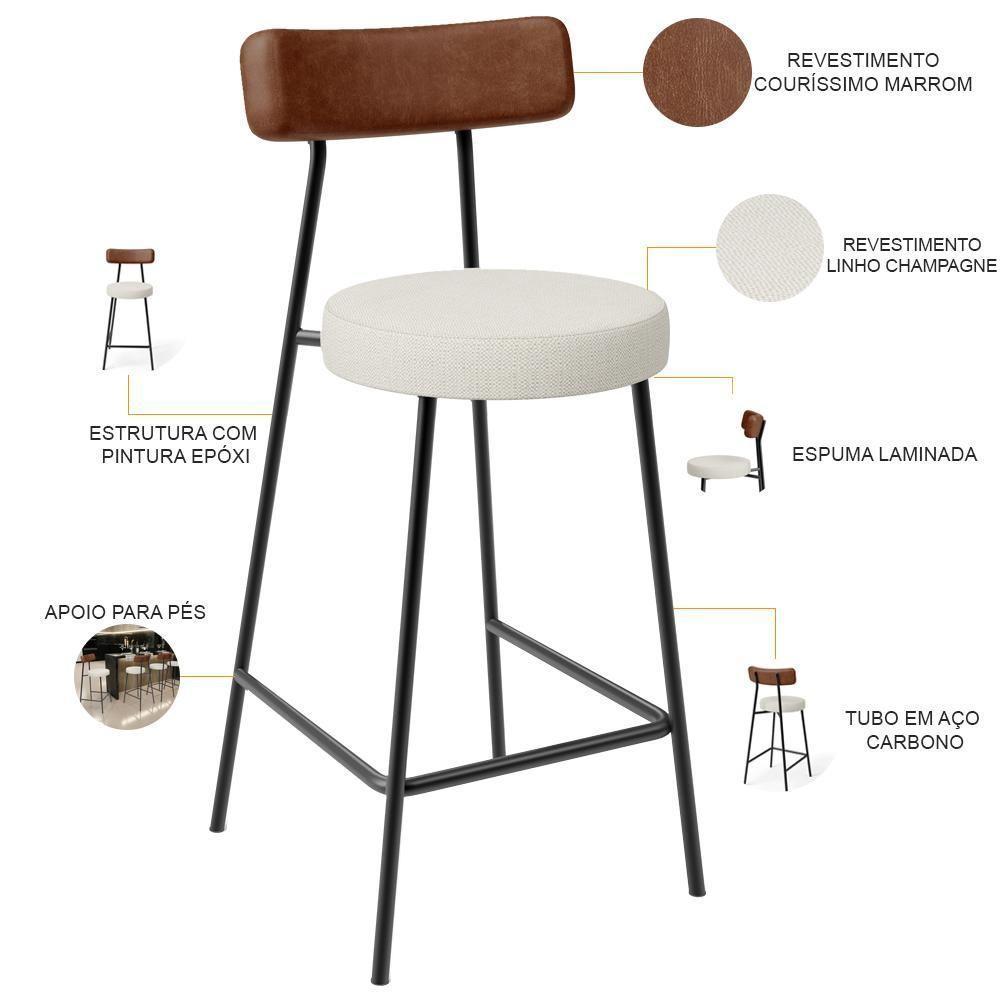 Kit 04 Banquetas Baixa Cozinha Sala Jantar Milão L02 Couríssimo Marrom Linho Champagne - 2