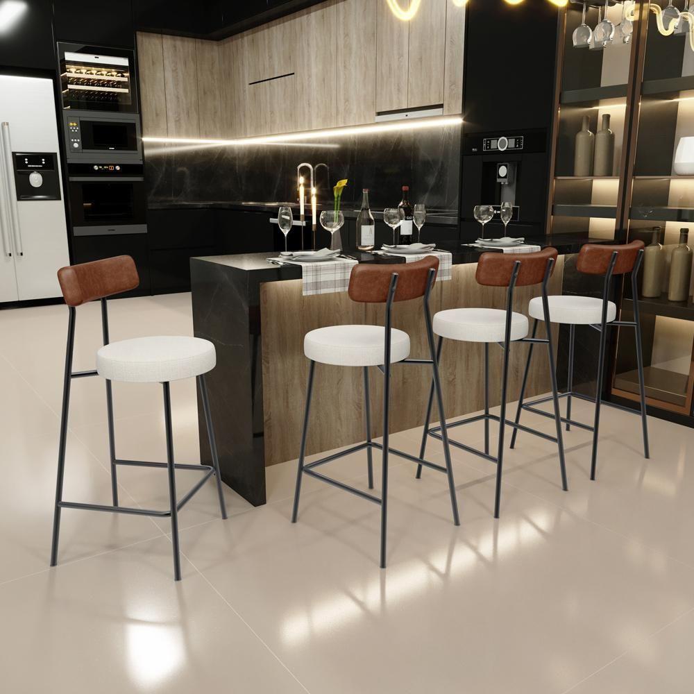 Kit 04 Banquetas Baixa Cozinha Sala Jantar Milão L02 Couríssimo Marrom Linho Champagne - 5