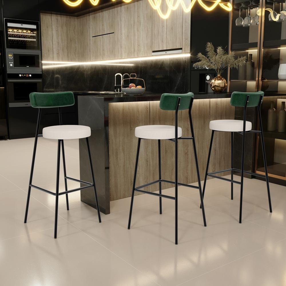 Kit 03 Banquetas Alta Bar Cozinha Sala De Jantar Milão L02 Facto Verde Musgo Linho Cru - 4