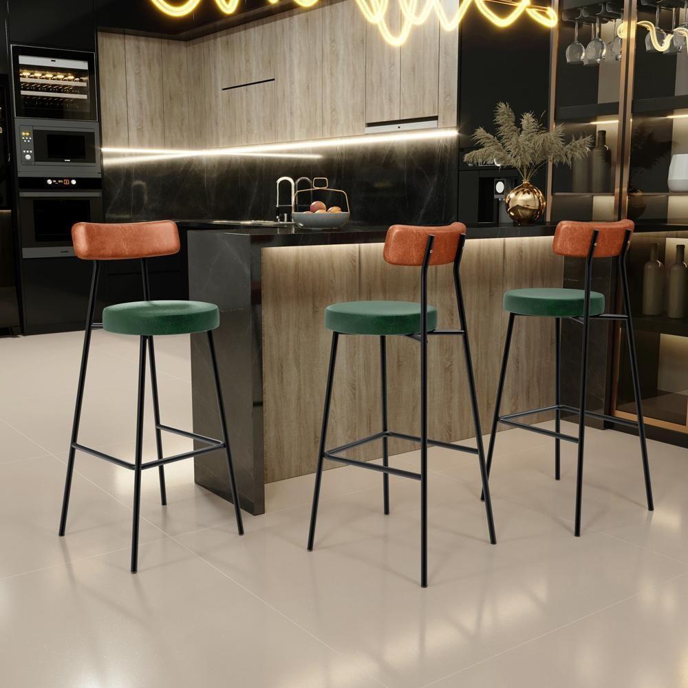 Kit 03 Banquetas Alta Bar Cozinha Sala Jantar Milão L02 Couríssimo Camel Facto Verde - 3