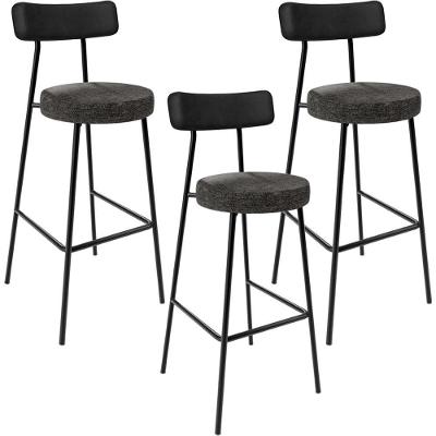 Kit 3 Banquetas Alta Milão L02 Assento Linho Base Aço com Encosto Preto para Cozinha