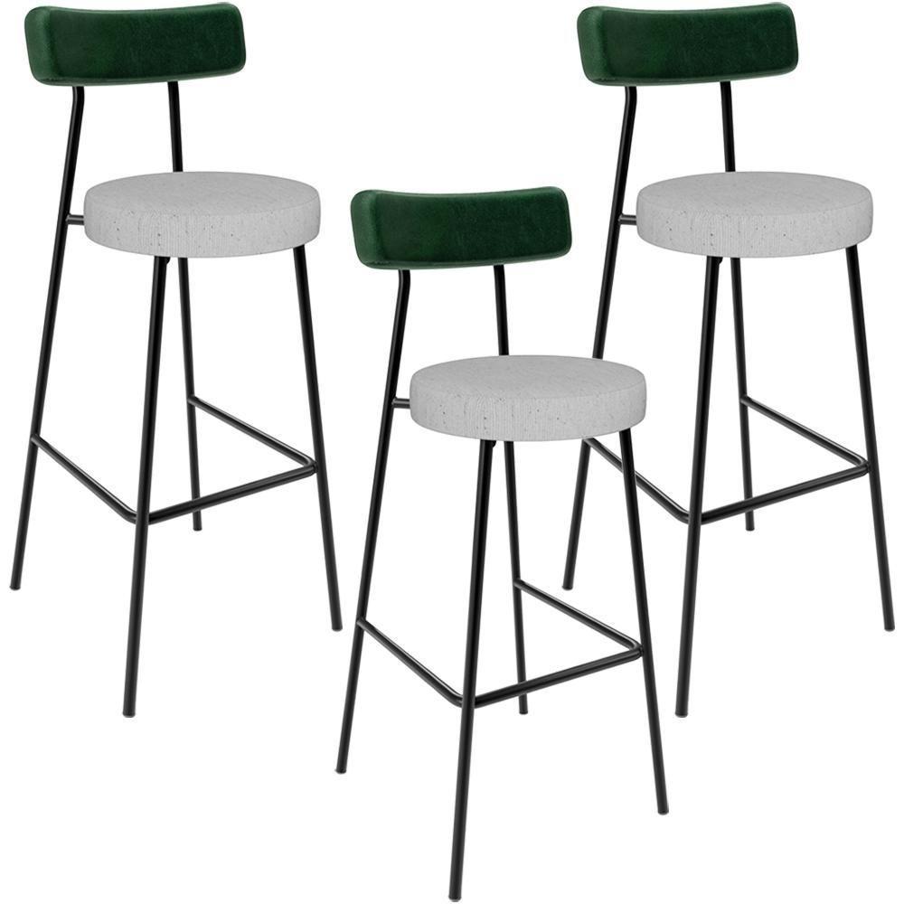 Kit 03 Banquetas Alta Bar Cozinha Sala De Jantar Milão L02 Facto Verde Musgo Linho Cinza - 1