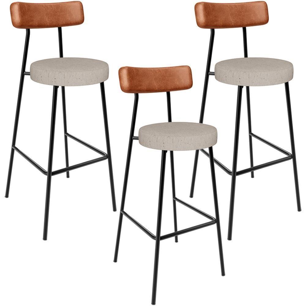 Kit 03 Banquetas Alta Bar Cozinha Sala De Jantar Milão L02 Couríssimo Camel Linho Bege - 1