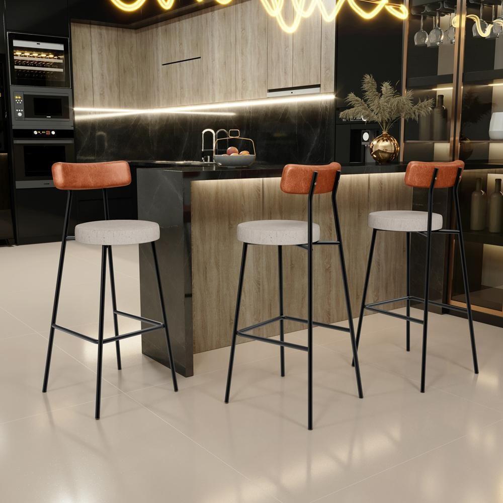 Kit 03 Banquetas Alta Bar Cozinha Sala De Jantar Milão L02 Couríssimo Camel Linho Bege - 8