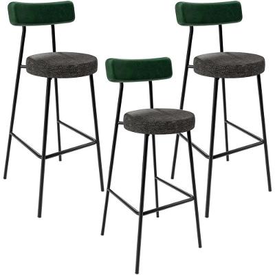 Kit 3 Banquetas Alta Milão L02 Assento em Linho Base em Aço com Encosto Fixo Verde Moderno