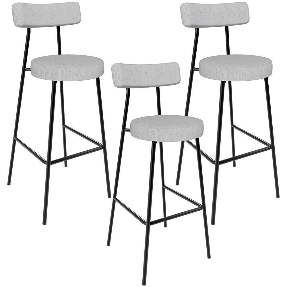 Kit 03 Banquetas Altas Cozinha Bar Sala De Jantar Em Aço Milão L02 Linho Cinza - 1