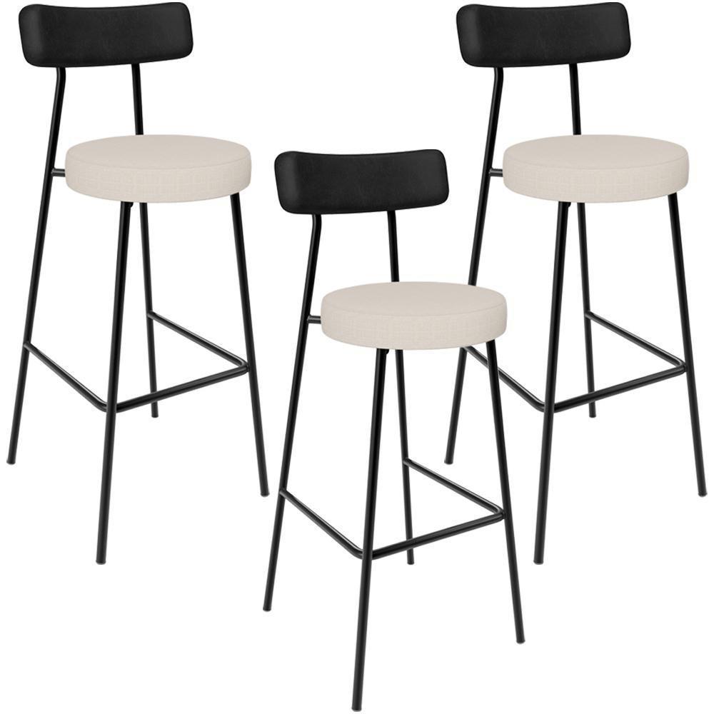 Kit 03 Banquetas Alta Bar Cozinha Sala De Jantar Milão L02 Couríssimo Preto Linho Cru - 1