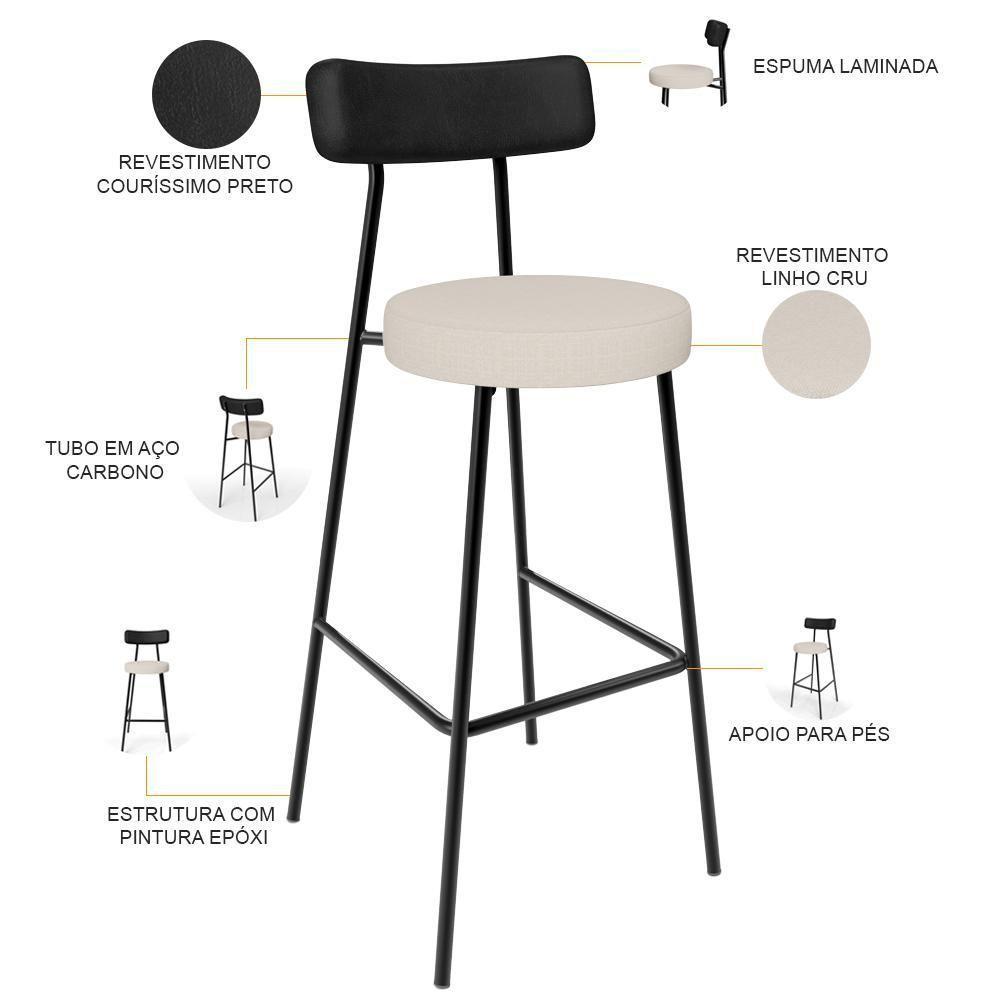 Kit 03 Banquetas Alta Bar Cozinha Sala De Jantar Milão L02 Couríssimo Preto Linho Cru - 7