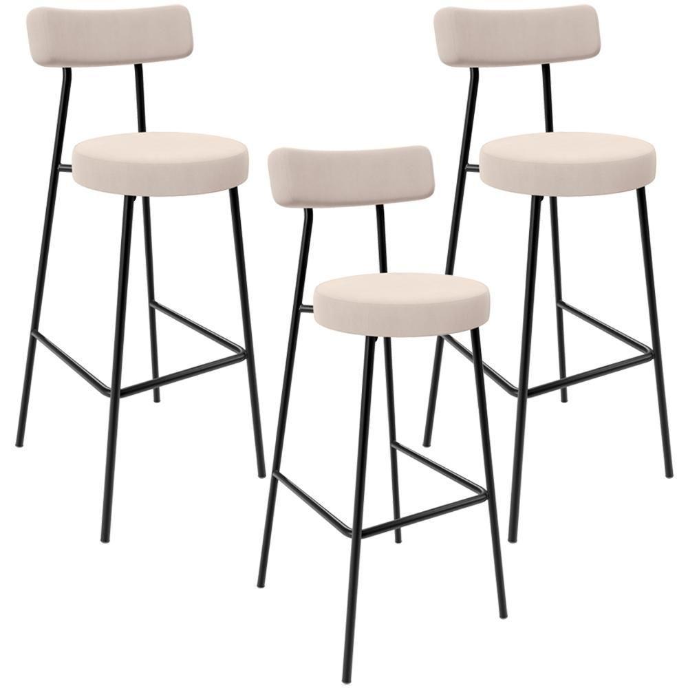 Kit 03 Banquetas Altas Cozinha Bar Sala De Jantar Em Aço Milão L02 Suede Bege - 1