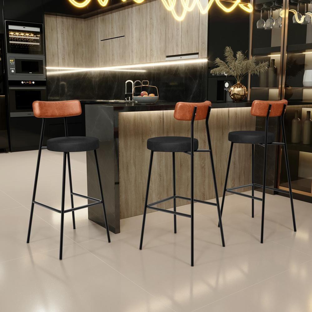 Kit 04 Banquetas Alta Bar Cozinha Sala De Jantar Milão L02 Couríssimo Camel Preto - 2