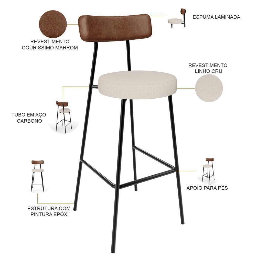 Kit 03 Banquetas Alta Cozinha Bar Sala De Jantar Milão L02 Couríssimo Marrom Linho Cru - 8