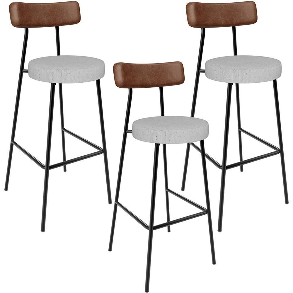 Kit 03 Banquetas Alta Bar Cozinha Sala Jantar Milão L02 Couríssimo Marrom Linho Cinza - 1