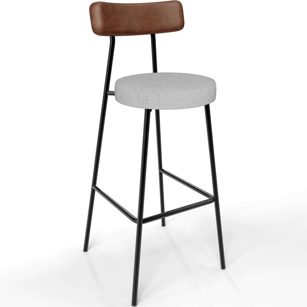Kit 03 Banquetas Alta Bar Cozinha Sala Jantar Milão L02 Couríssimo Marrom Linho Cinza - 6