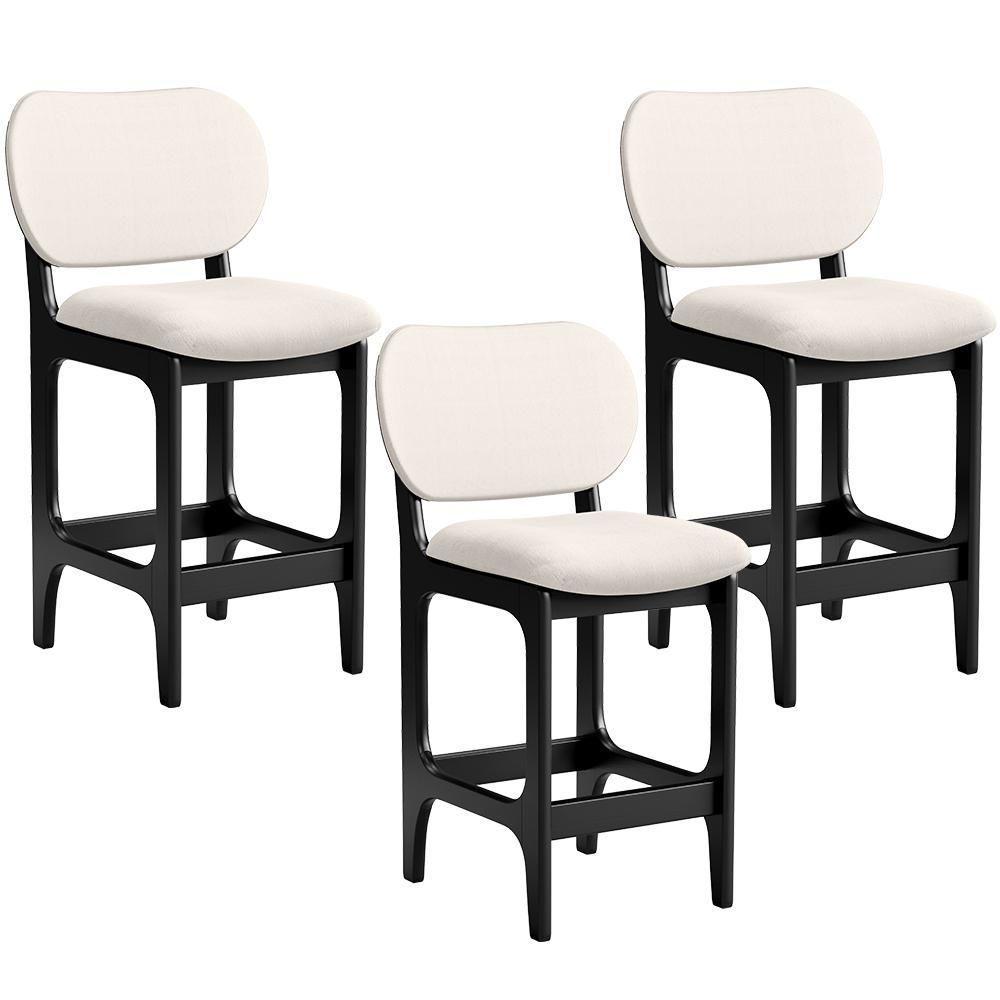 Kit 03 Banquetas Baixa Bar Cozinha E Sala De Jantar Fixa Betta L02 Preto Linho Cru - 1
