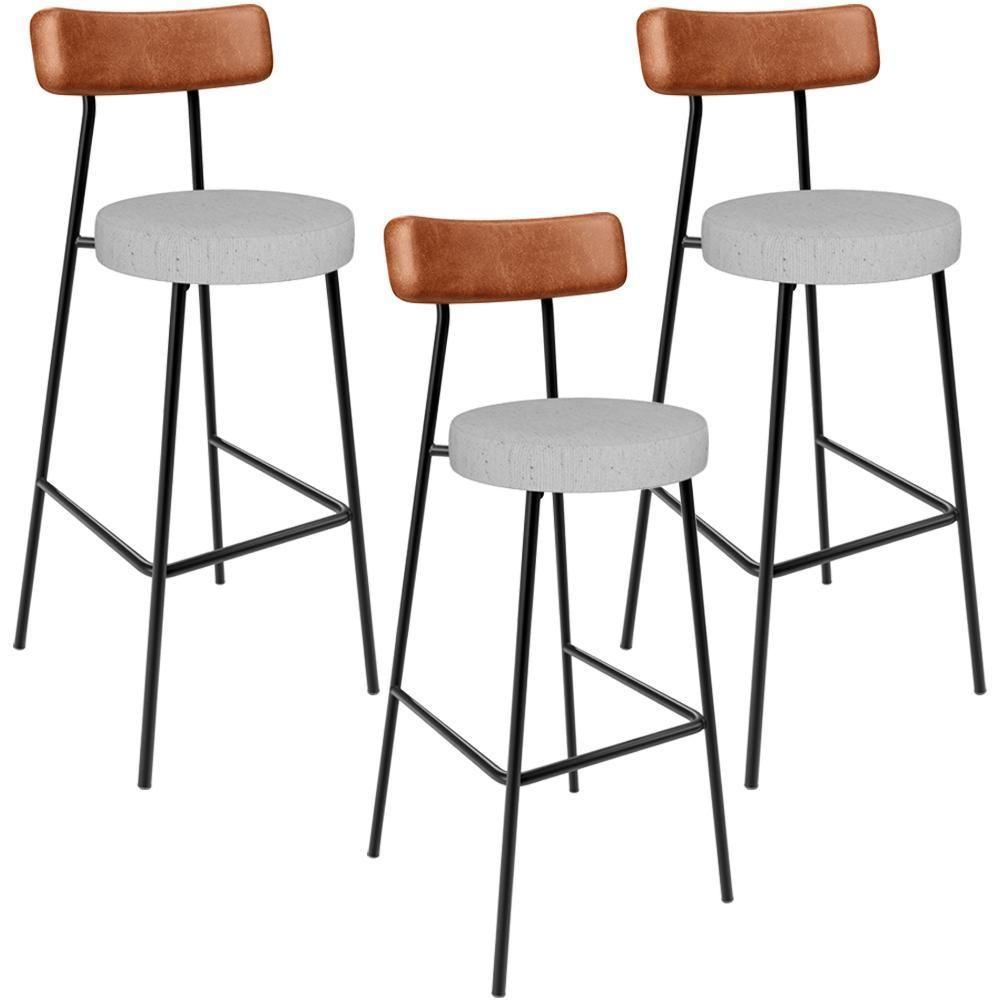 Kit 03 Banquetas Alta Cozinha Sala De Jantar Aço Milão L02 Couríssimo Camel Linho Cinza - 1