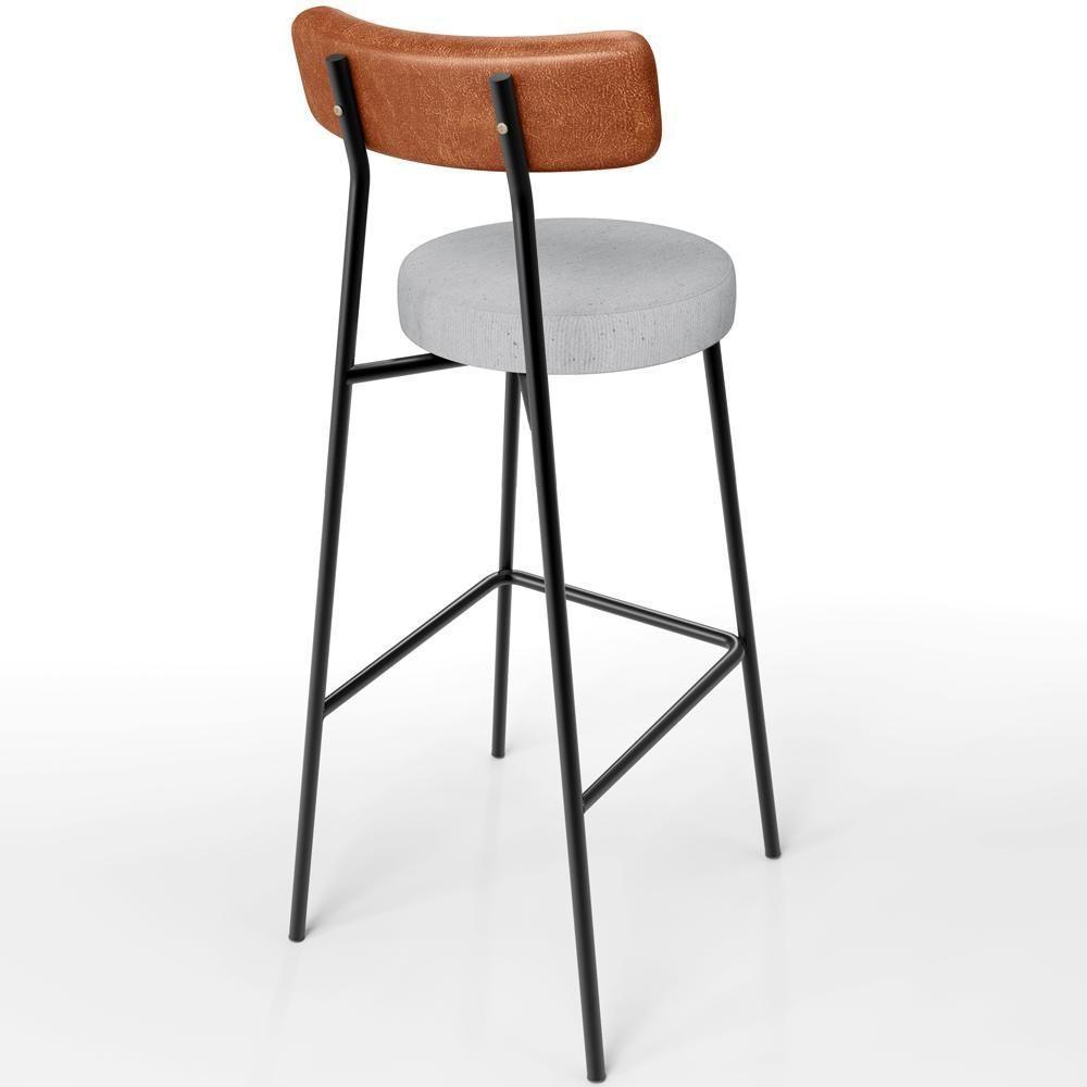 Kit 03 Banquetas Alta Cozinha Sala De Jantar Aço Milão L02 Couríssimo Camel Linho Cinza - 4