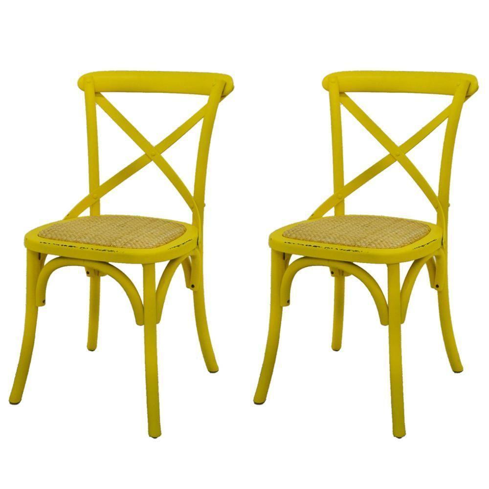Kit 2 Cadeiras Katrina Cross Rivatti Madeira Amarela Assento Rattan Natural - 1
