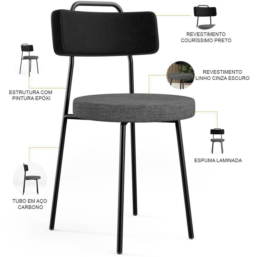 Kit 06 Cadeiras Estofada Sala De Jantar Barcelona L02 Couríssimo Preto Linho Cinza Escuro - Lyam - 7