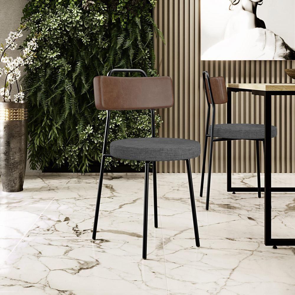 Kit 04 Cadeiras Estofada Sala De Jantar Barcelona L02 Couríssimo Marrom Linho Cinza Escuro - Lyam - 5