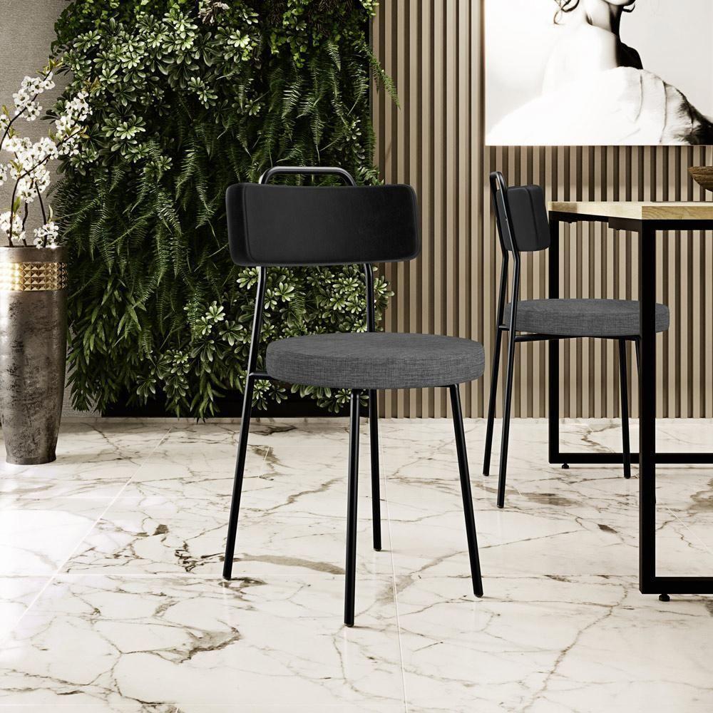 Kit 04 Cadeiras Estofada Sala De Jantar Barcelona L02 Couríssimo Preto Linho Cinza Escuro - Lyam - 8